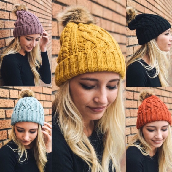 Mustard Cable Knit Pom Pom Beanie Hat - Picture 2 of 3